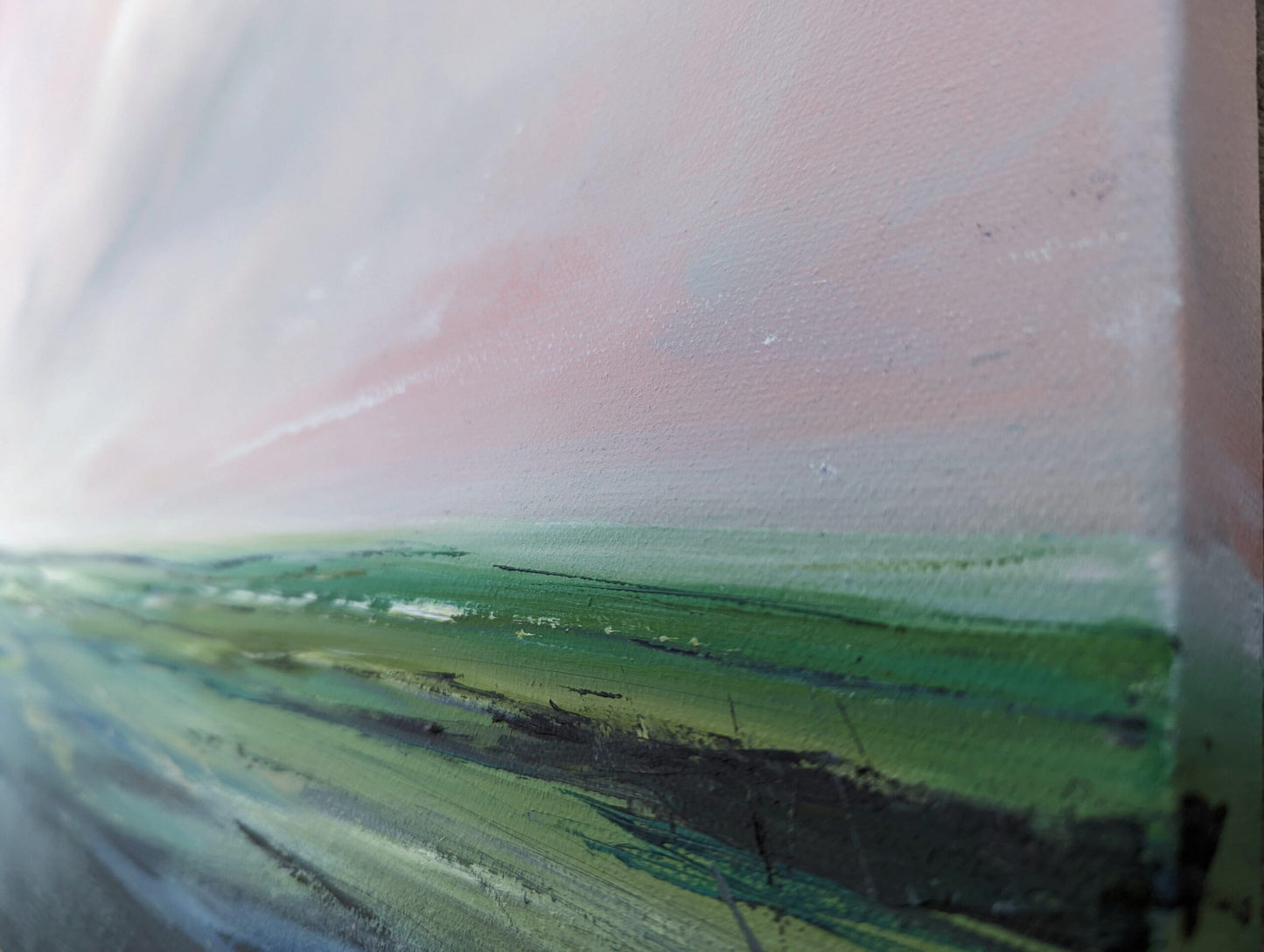 Abstract Chilterns Landscape oil painting on canvas signature close up, by Jo Earl