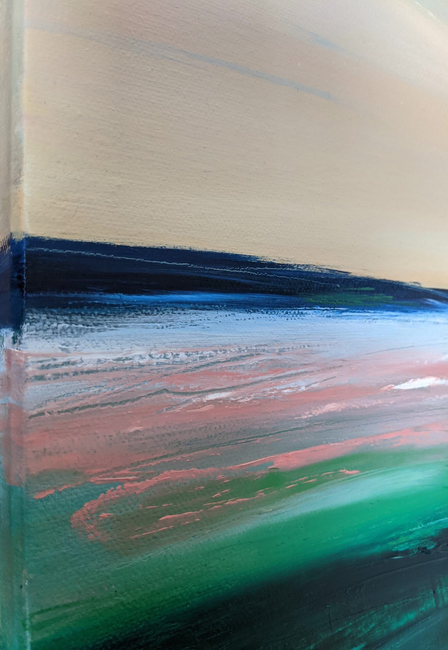 Abstract Summer Landscape oil painting on canvas, side close up, by Jo Earl