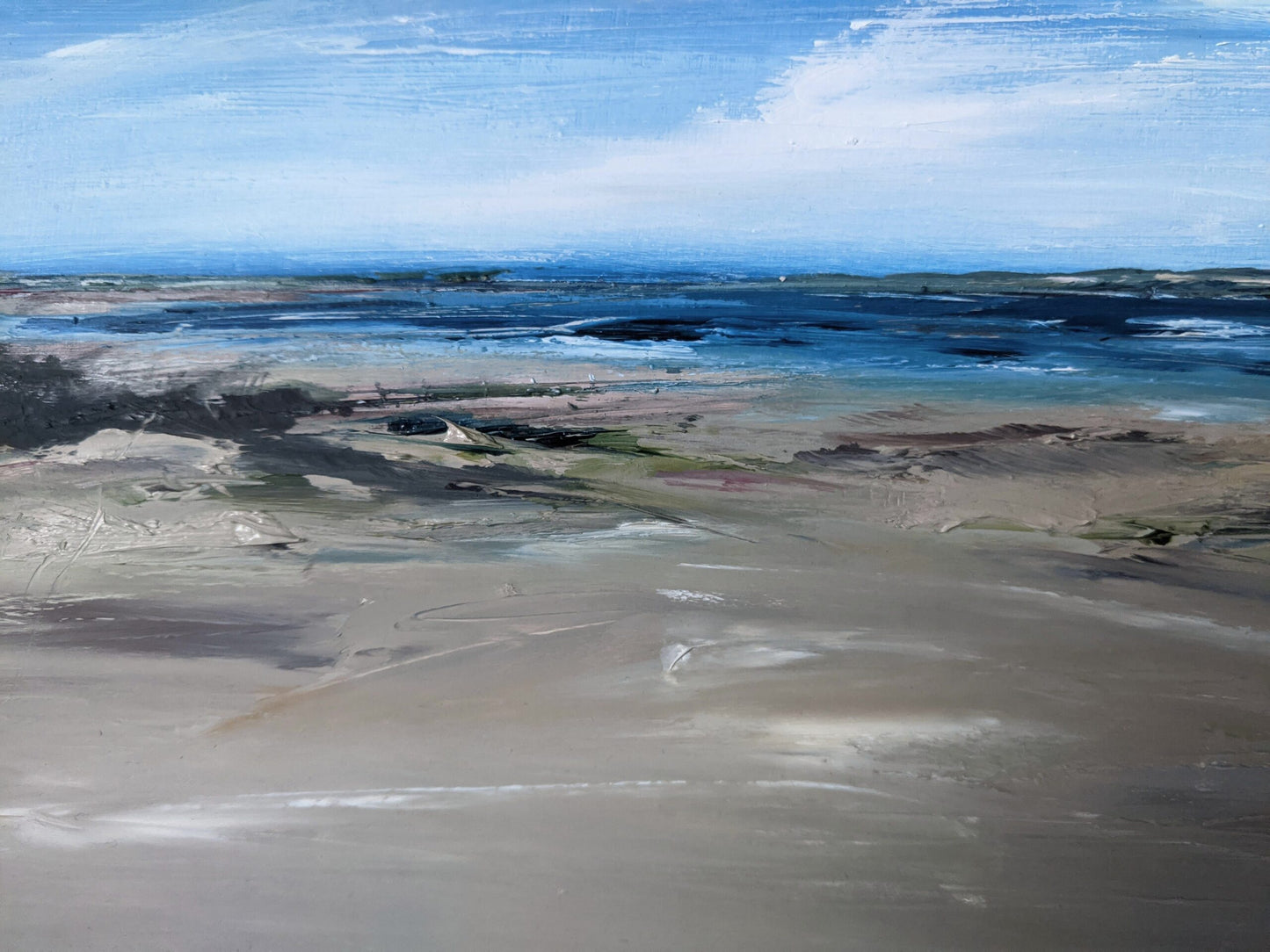 Devon Beachscape #2 oil painting on cradled wood close up, by Jo Earl