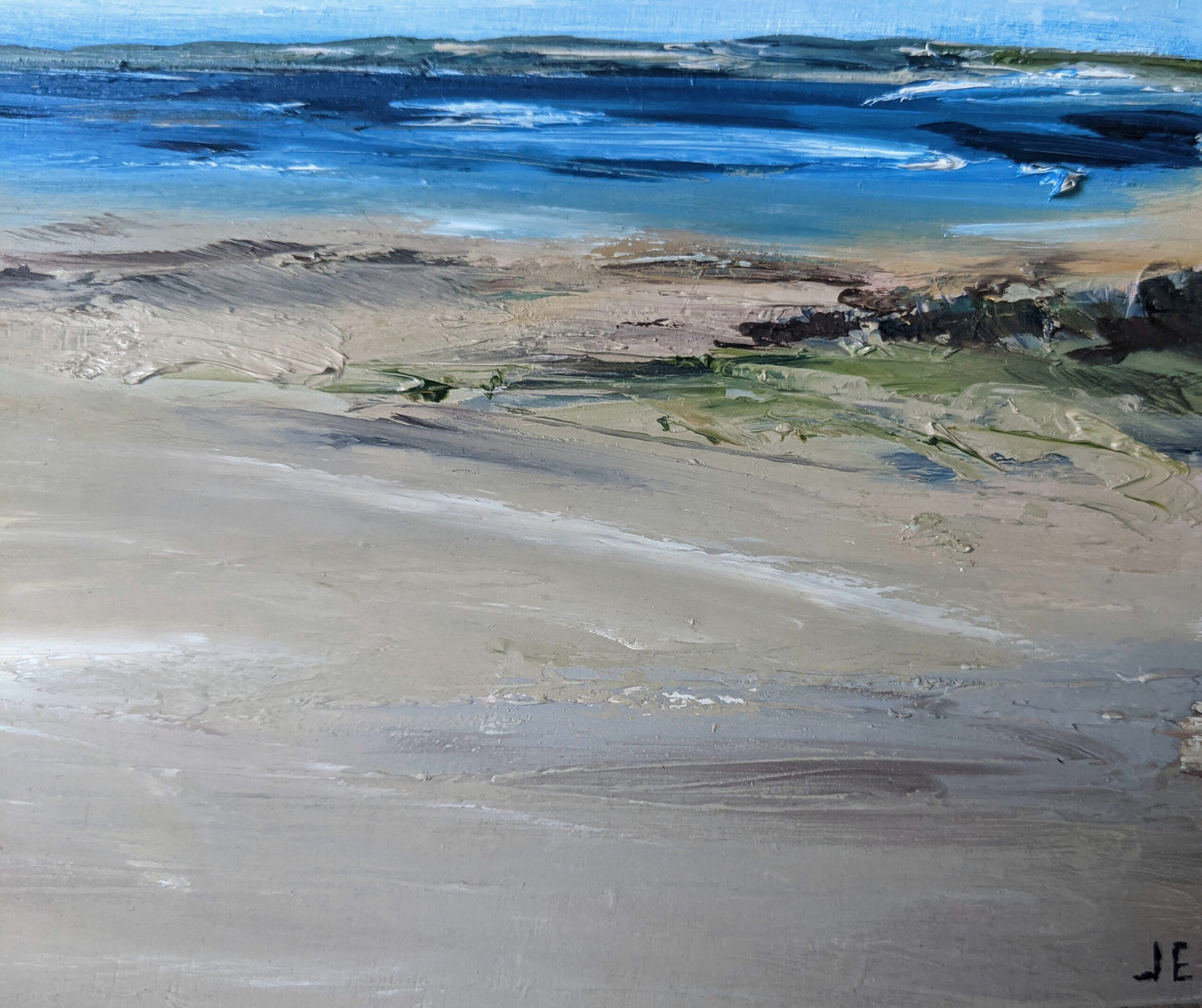 Devon Beachscape #2 oil painting on cradled wood close up of signature by Jo Earl