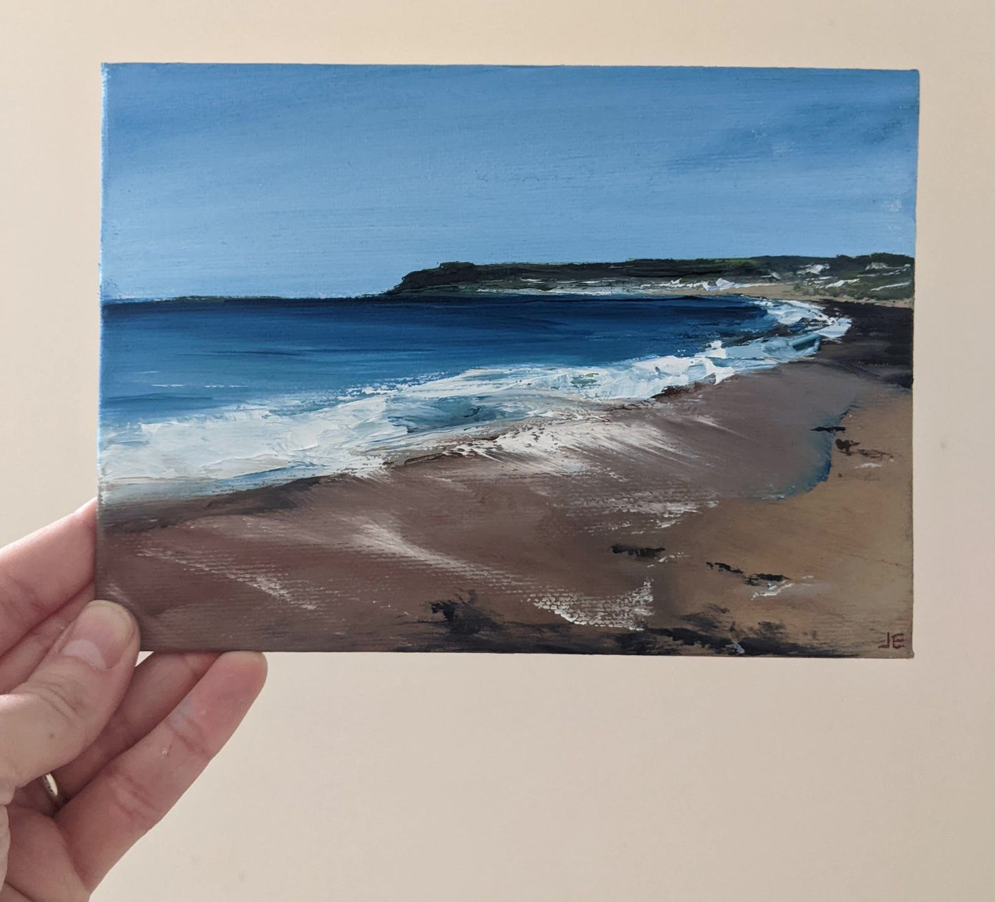 Miniature Gower Seascape oil painting on canvas board in studio, by Jo Earl