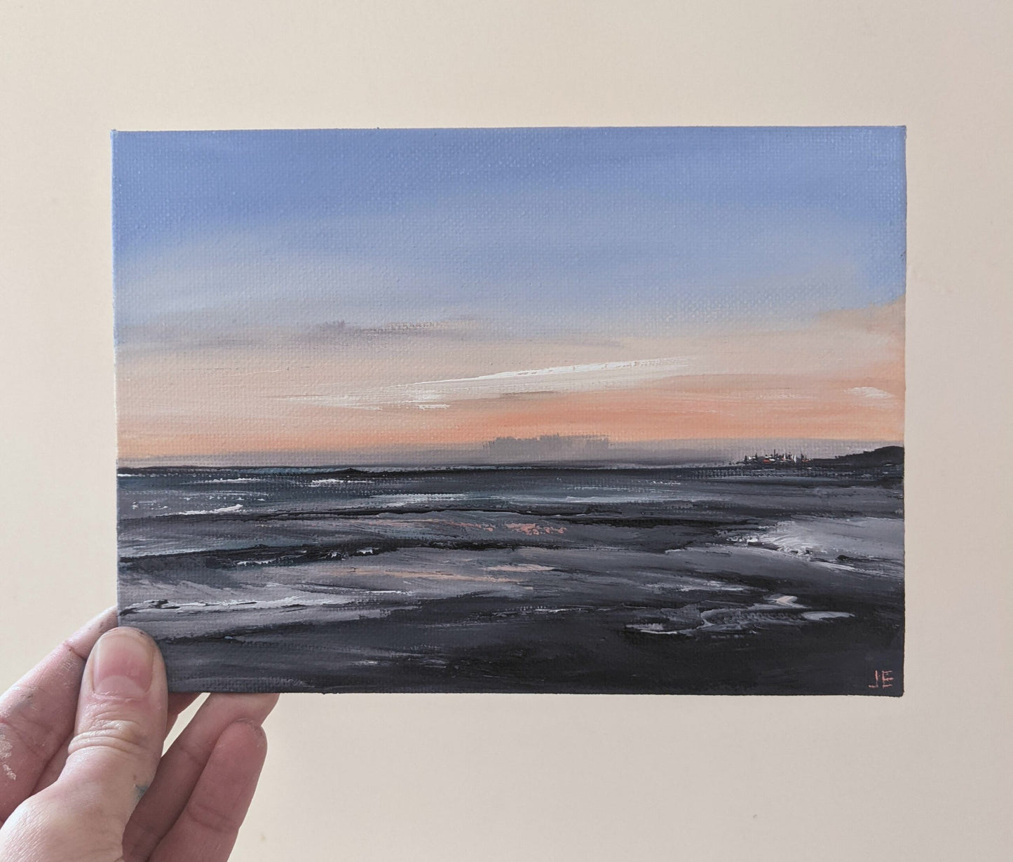 Miniature Gran Canaria Sunset oil painting on canvas board in studio, by Jo Earl