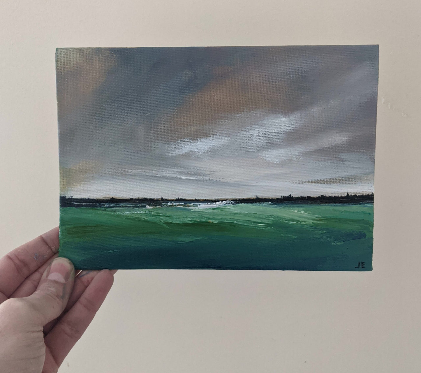 Miniature Landscape #16 oil painting on canvas board in studio, by Jo Earl