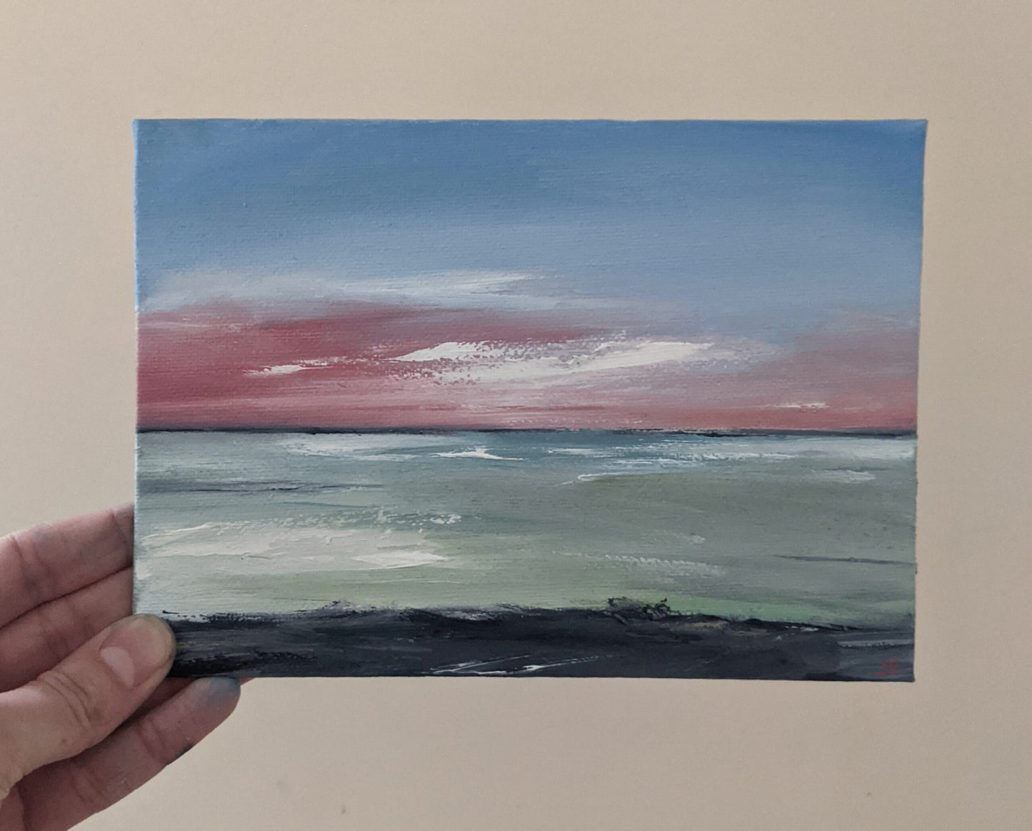 Miniature Landscape #17 oil painting on canvas board in studio, by Jo Earl