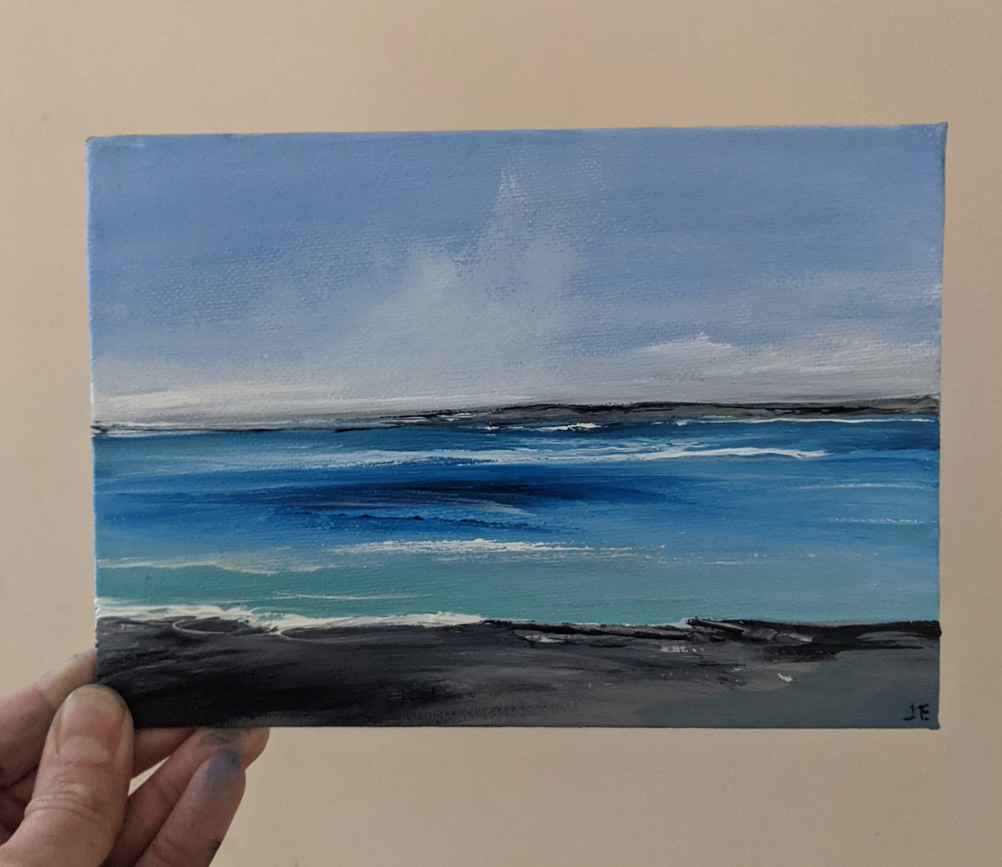Miniature Landscape #18 oil painting on canvas board in studio, by Jo Earl
