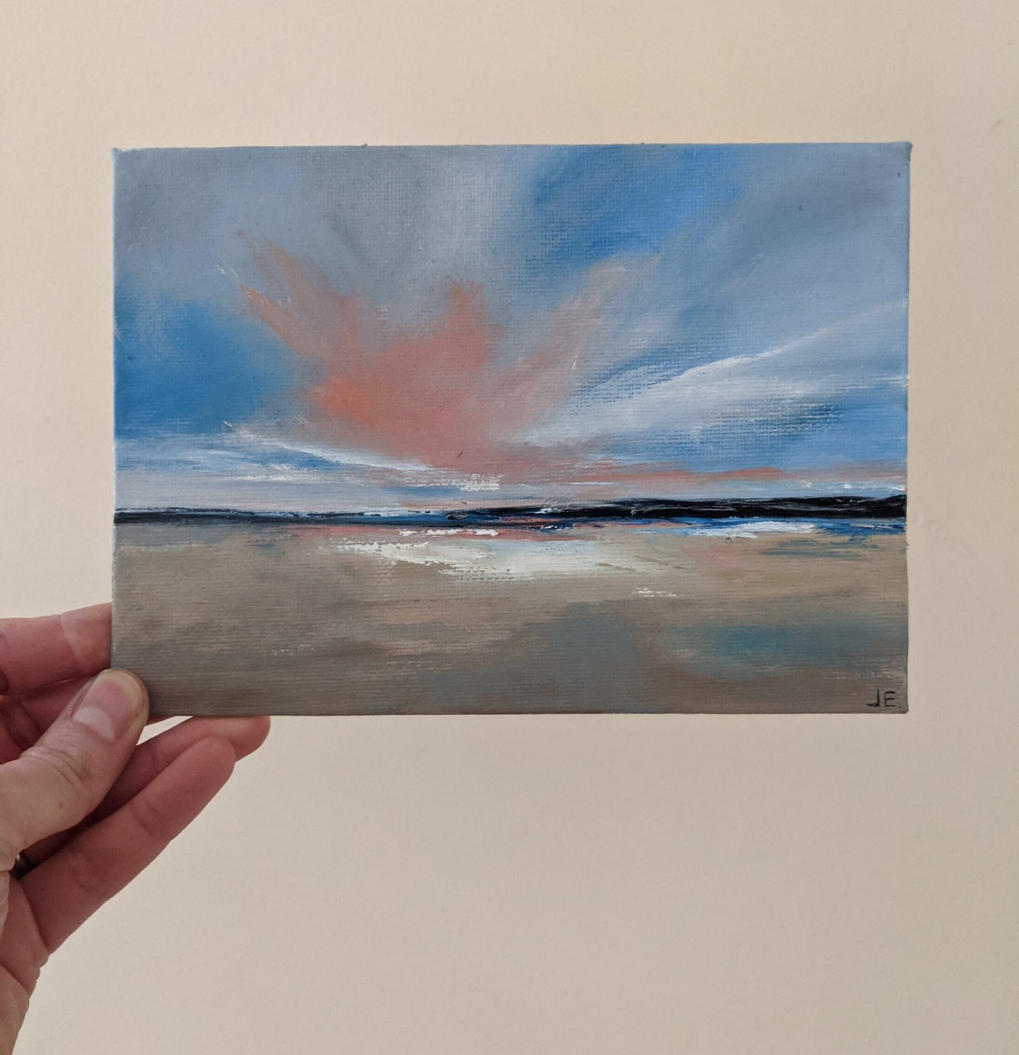 Miniature Landscape #8 oil painting on canvas board in studio, by Jo Earl