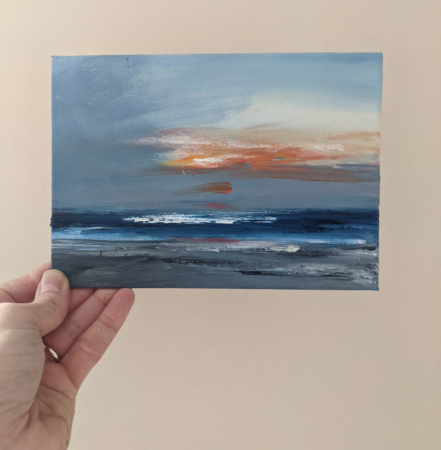 Miniature Margate Seascape, oil painting on canvas board in studio, by Jo Earl