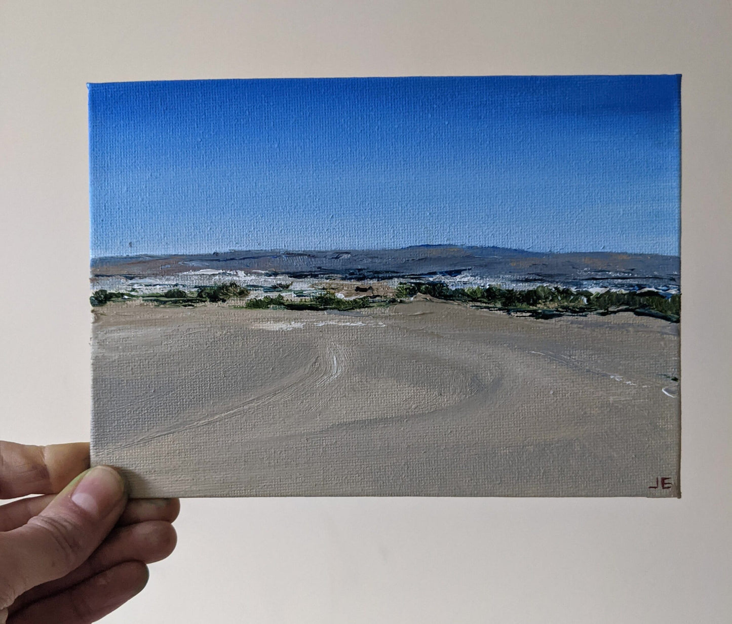 Miniature Maspalomas Beachscape oil painting on canvas board in studio, by Jo Earl