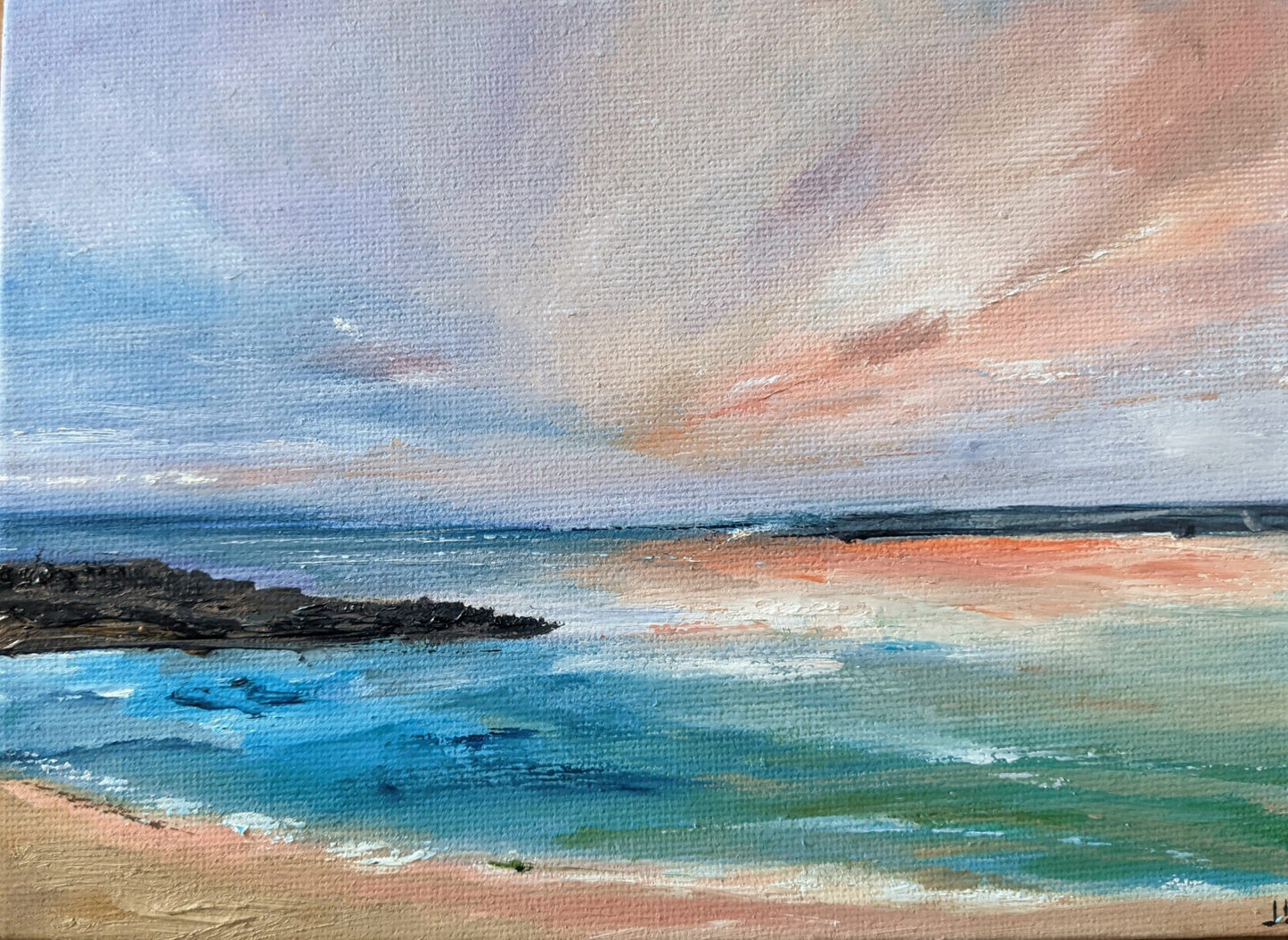Miniature Redruth Seascape oil painting on canvas board, by Jo Earl