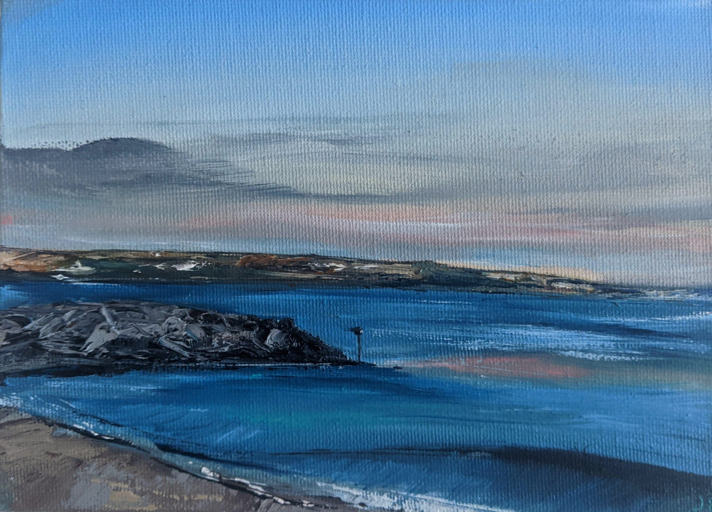 Miniature Weymouth seascape oil painting on canvas board, by Jo Earl