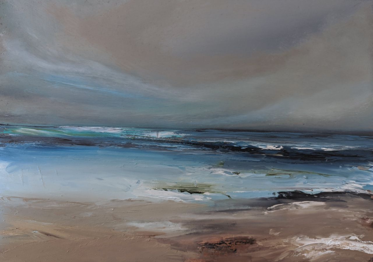 Desolate Beach oil painting Jo Earl | dark grey skies over the seashore with a waves crashing out at sea