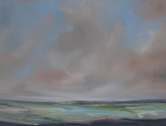 View from the Chilterns oil painting by Jo Earl | Grey and pink clouds are settling in over the green landscape of the chilterns