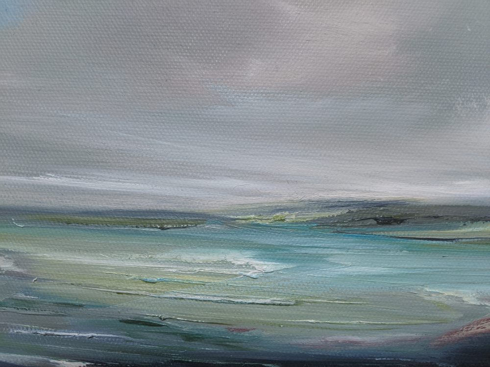 Closeup of View from the Chilterns oil painting by Jo Earl | The green Chiltern landscape meeting the horizon of the grey sky