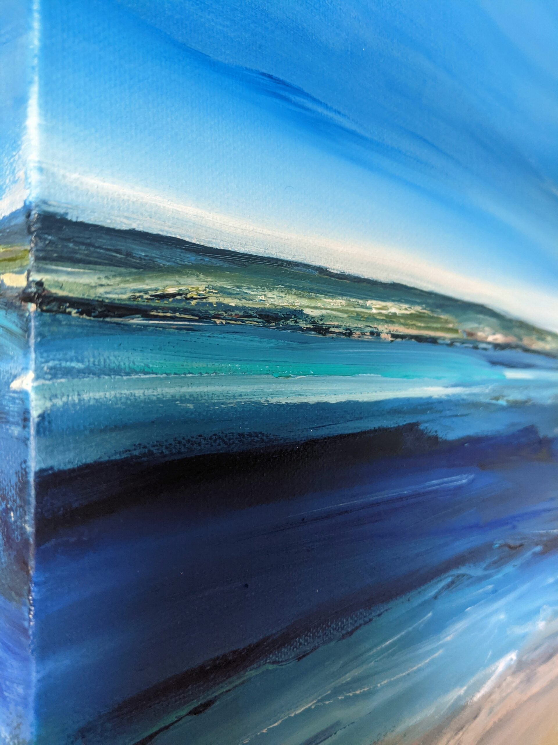 Abstract Blue Seascape oil painting on canvas close up, by Jo Earl