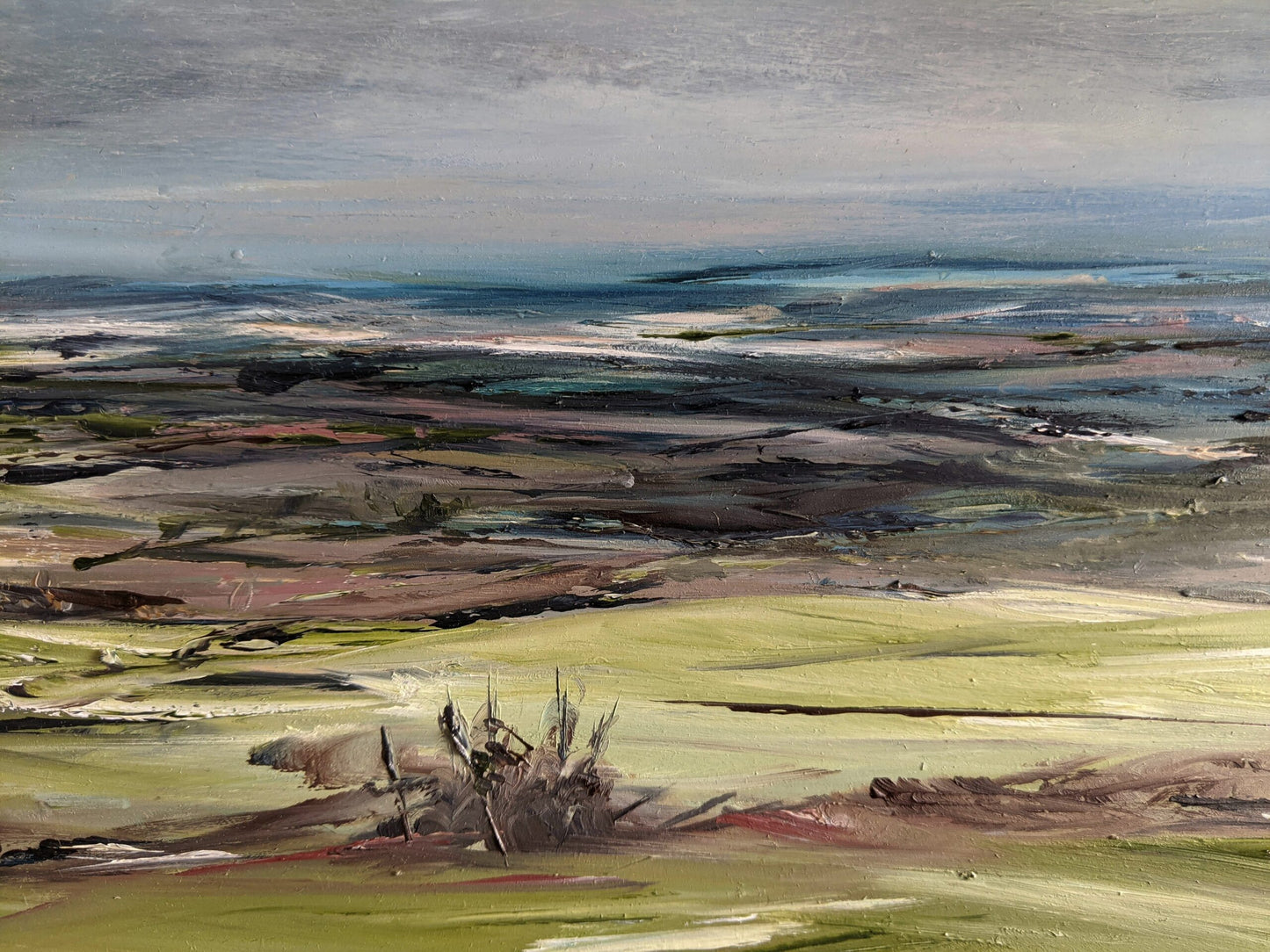 Coombe Hill View #2 Oil painting on MDF board close up by Jo Earl
