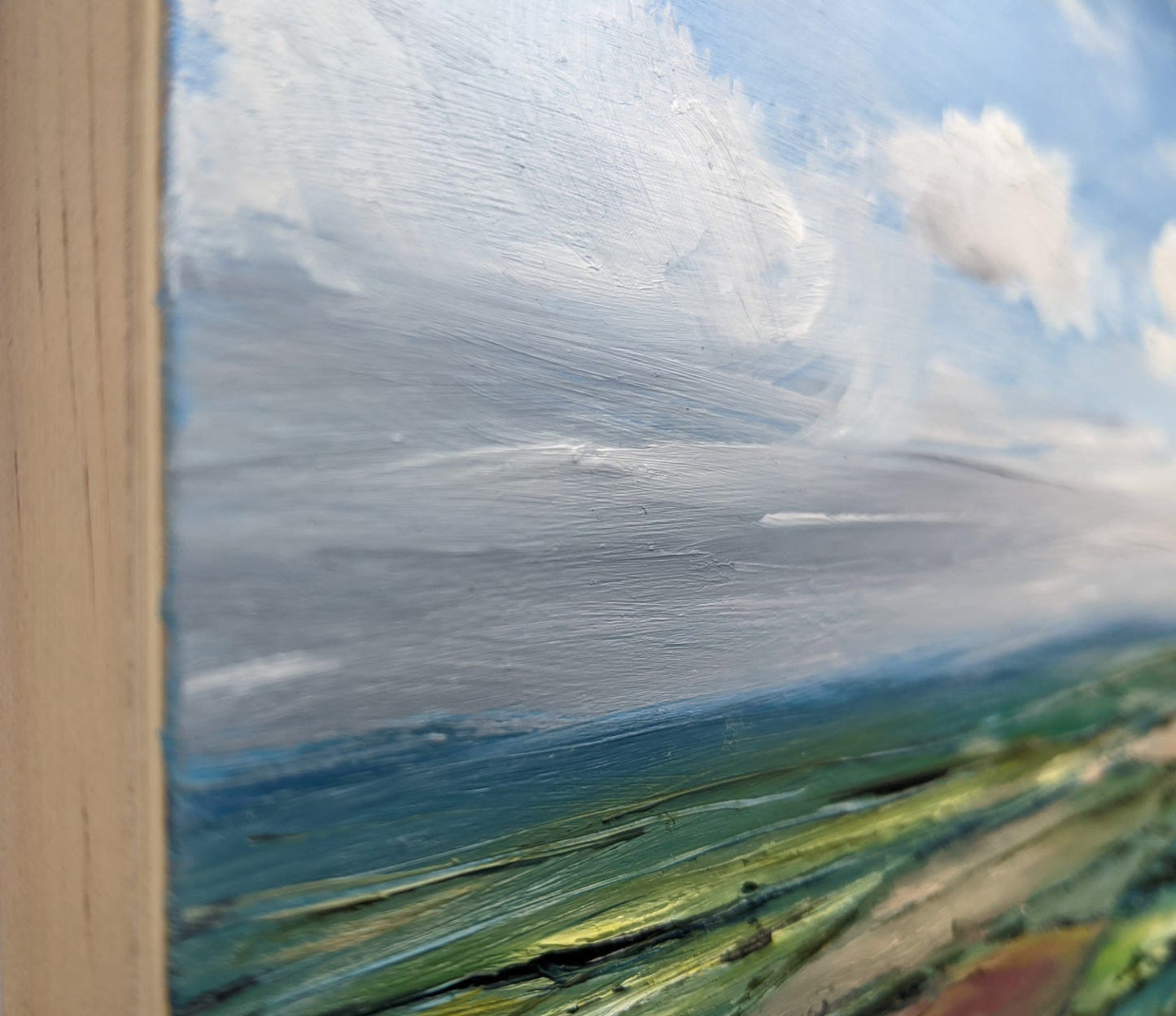 Coombe Hill View #4 oil painting on cradled wood close up, by Jo Earl