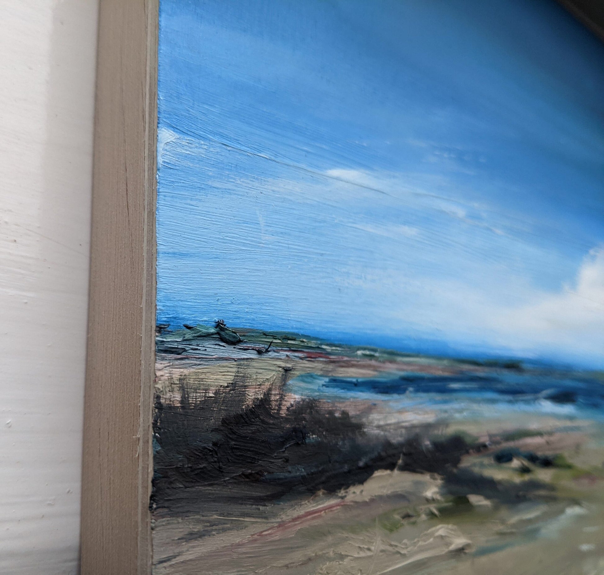 Devon Beachscape #2 oil painting on cradled wood side view, by Jo Earl