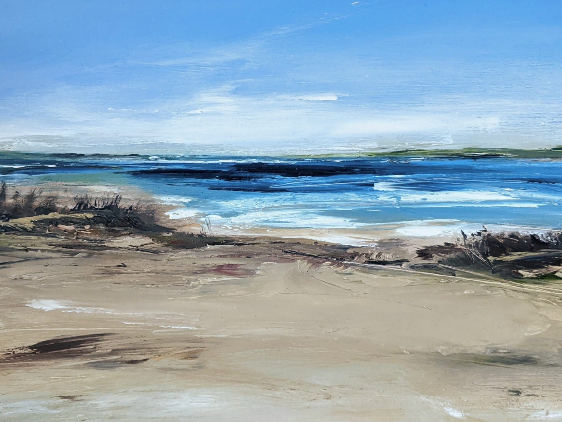 Devon Beachscape oil painting on cradled wood, by Jo Earl