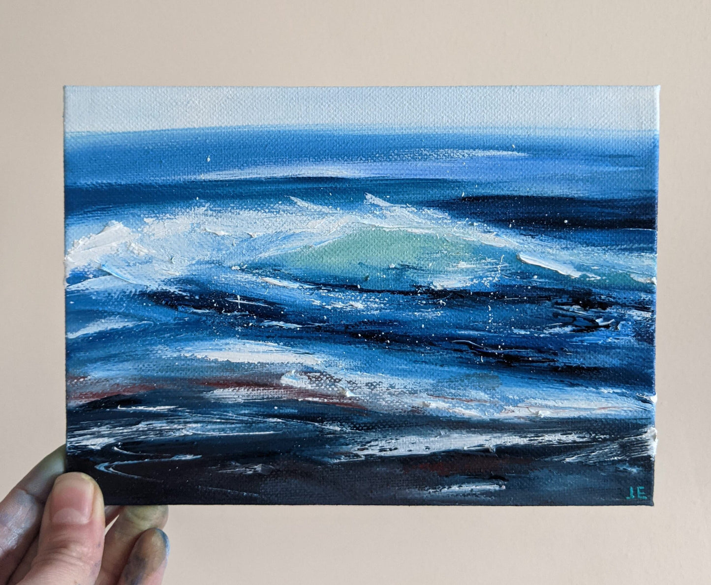 Miniature Wave Seascape #5 oil painting on canvas board in studio, by Jo Earl #5
