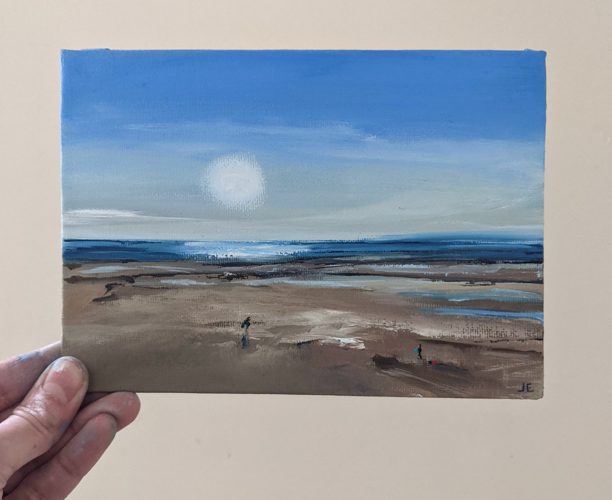 Miniature Blackpool Beach oil painting on canvas board in studio, by Jo Earl