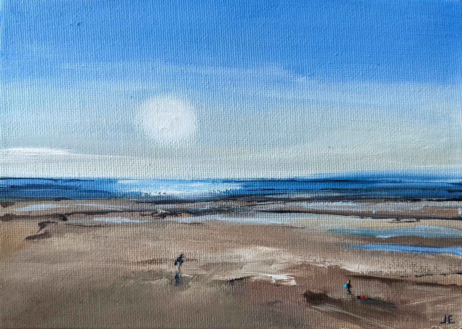 Miniature Blackpool Beach oil painting on canvas board, by Jo Earl