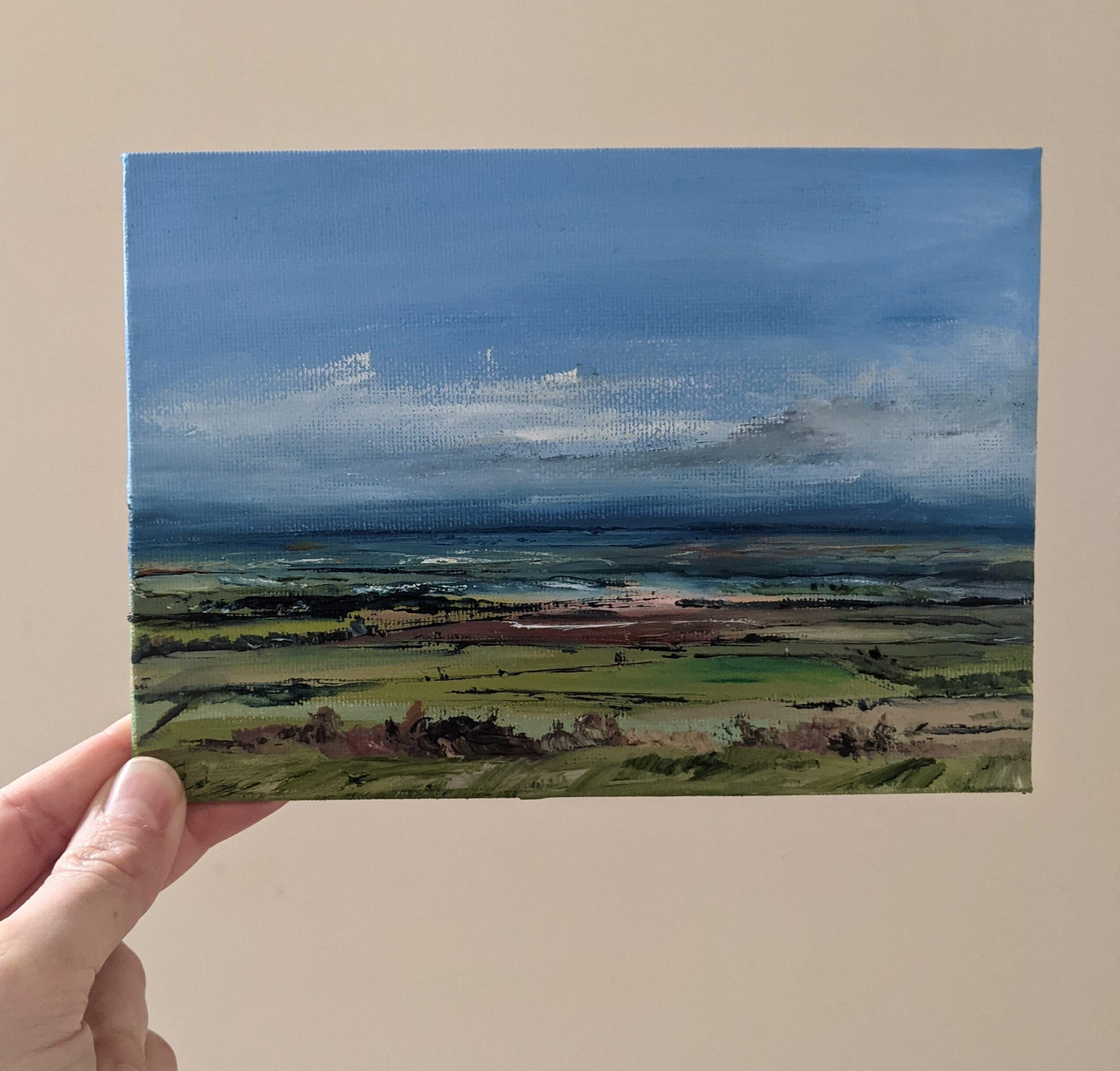 Miniature Coombe Hill Landscape oil painting on canvas board in studio, by Jo Earl