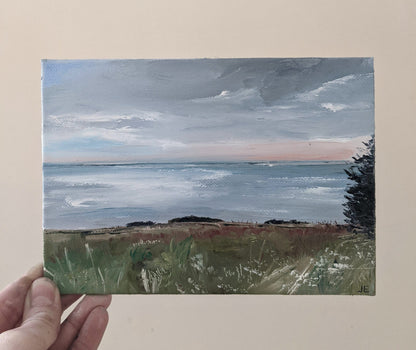 Miniature Eastbourne Seascape #2 oil painting on canvas board in studio, by Jo Earl