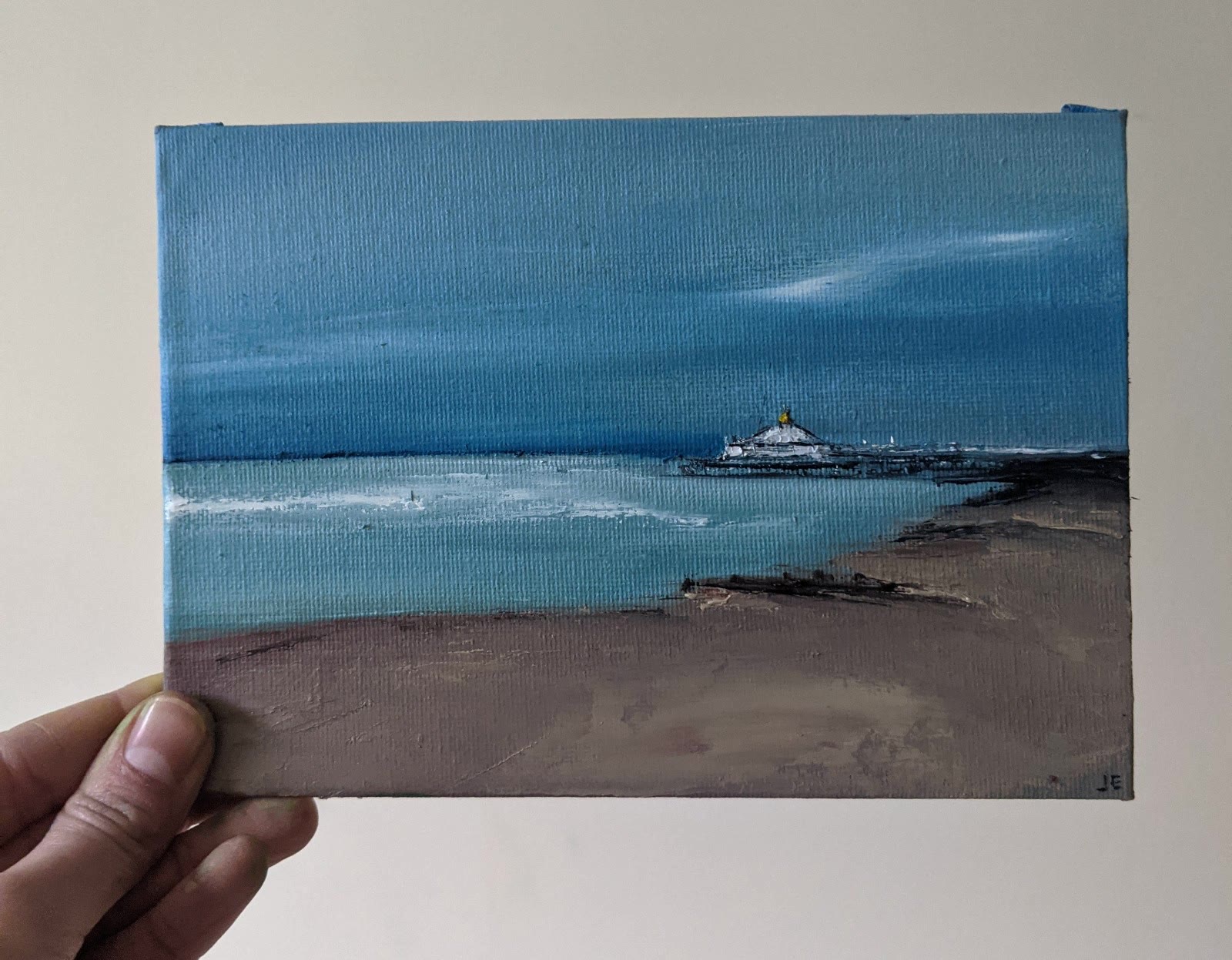 Miniature Eastbourne Seascape oil painting on canvas board in studio, by Jo Earl