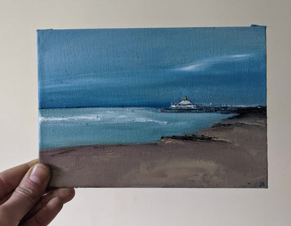 Miniature Eastbourne Seascape oil painting on canvas board in studio, by Jo Earl