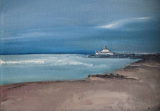 Miniature Eastbourne Seascape oil painting on canvas board, by Jo Earl