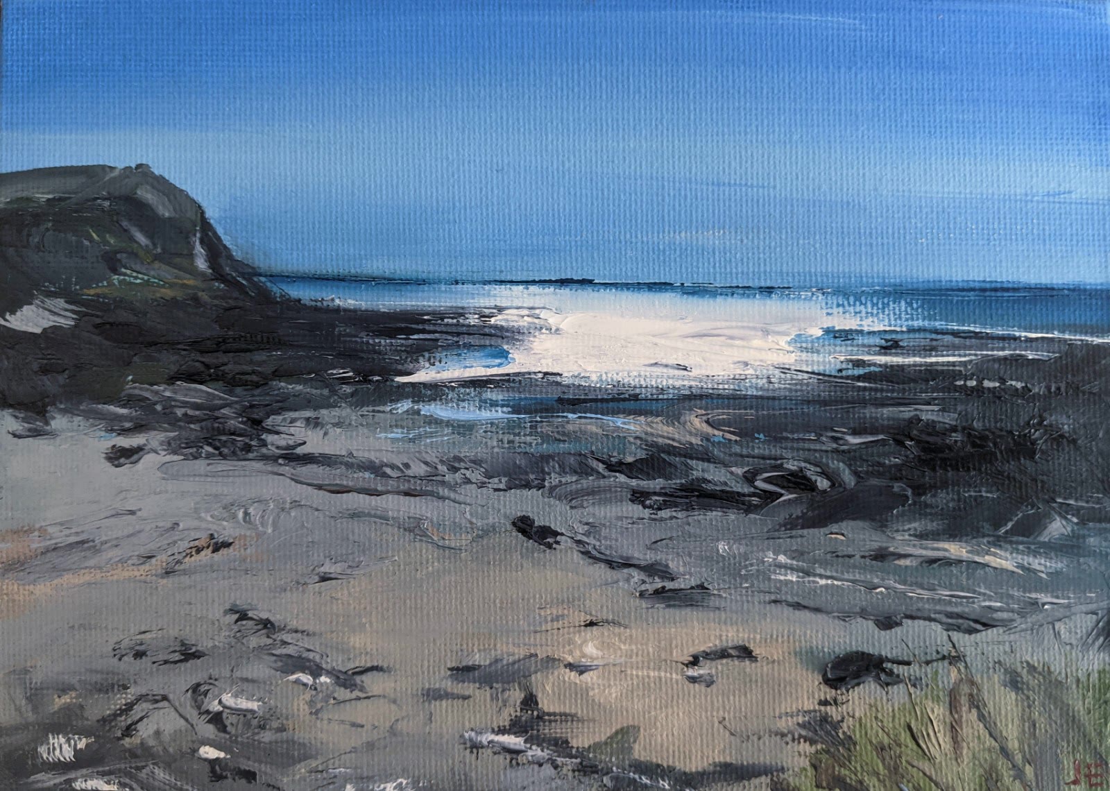 MIniature Gower Seascape oil painting on canvas board, by Jo Earl