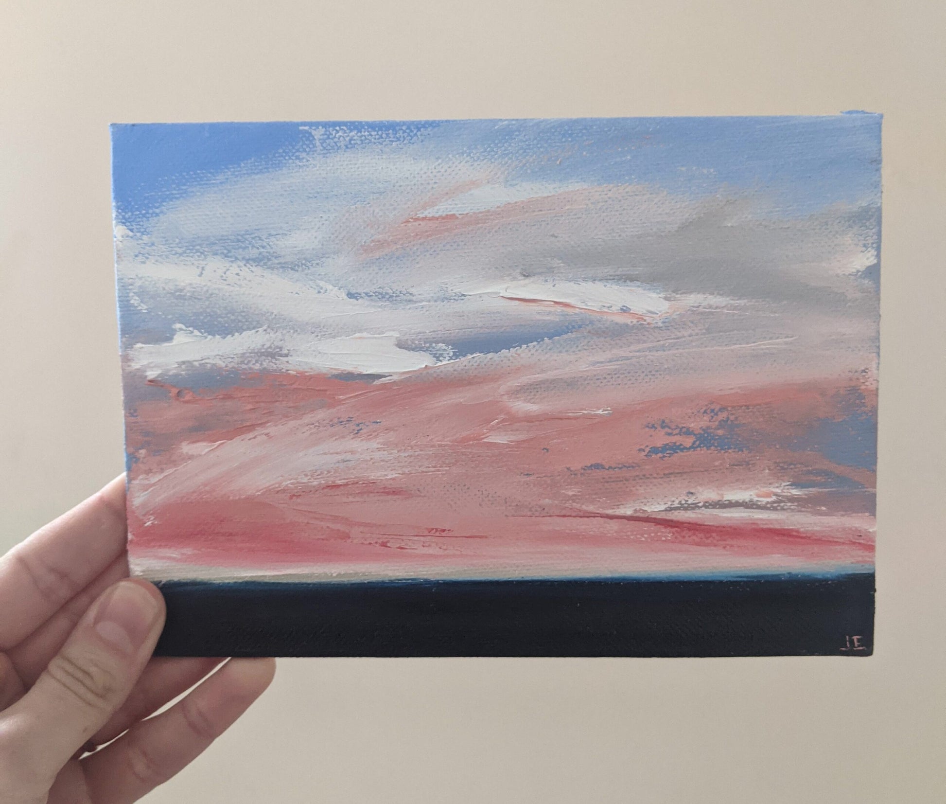 Miniature Pink Sky oil painting on canvas board in studio, by Jo Earl