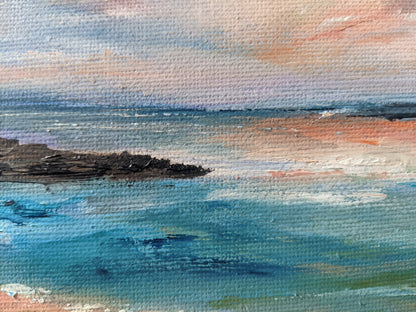 Miniature Redruth Seascape oil painting on canvas board close up, by Jo Earl