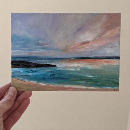 Miniature Redruth Seascape oil painting on canvas board in studio, by Jo Earl