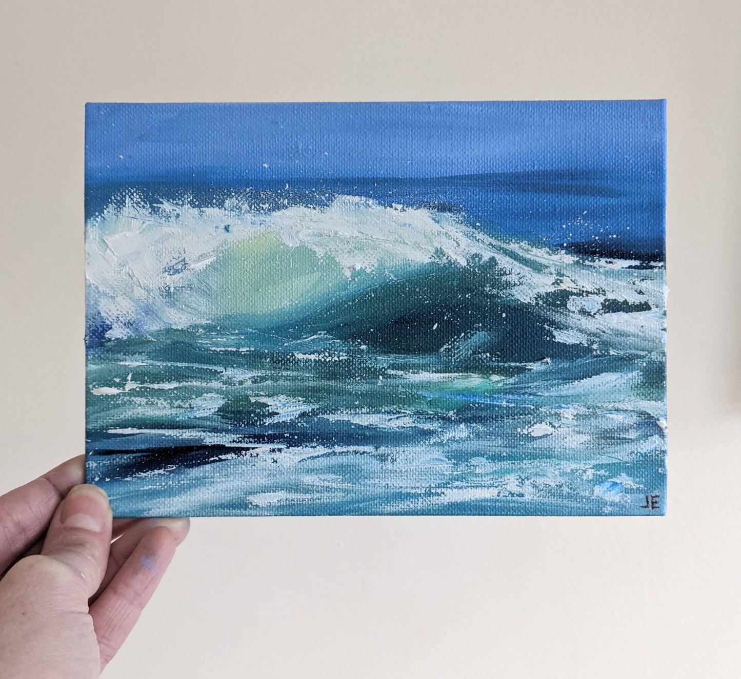 Miniature Wave Seascape #11 oil painting on canvas board in studio, by Jo Earl