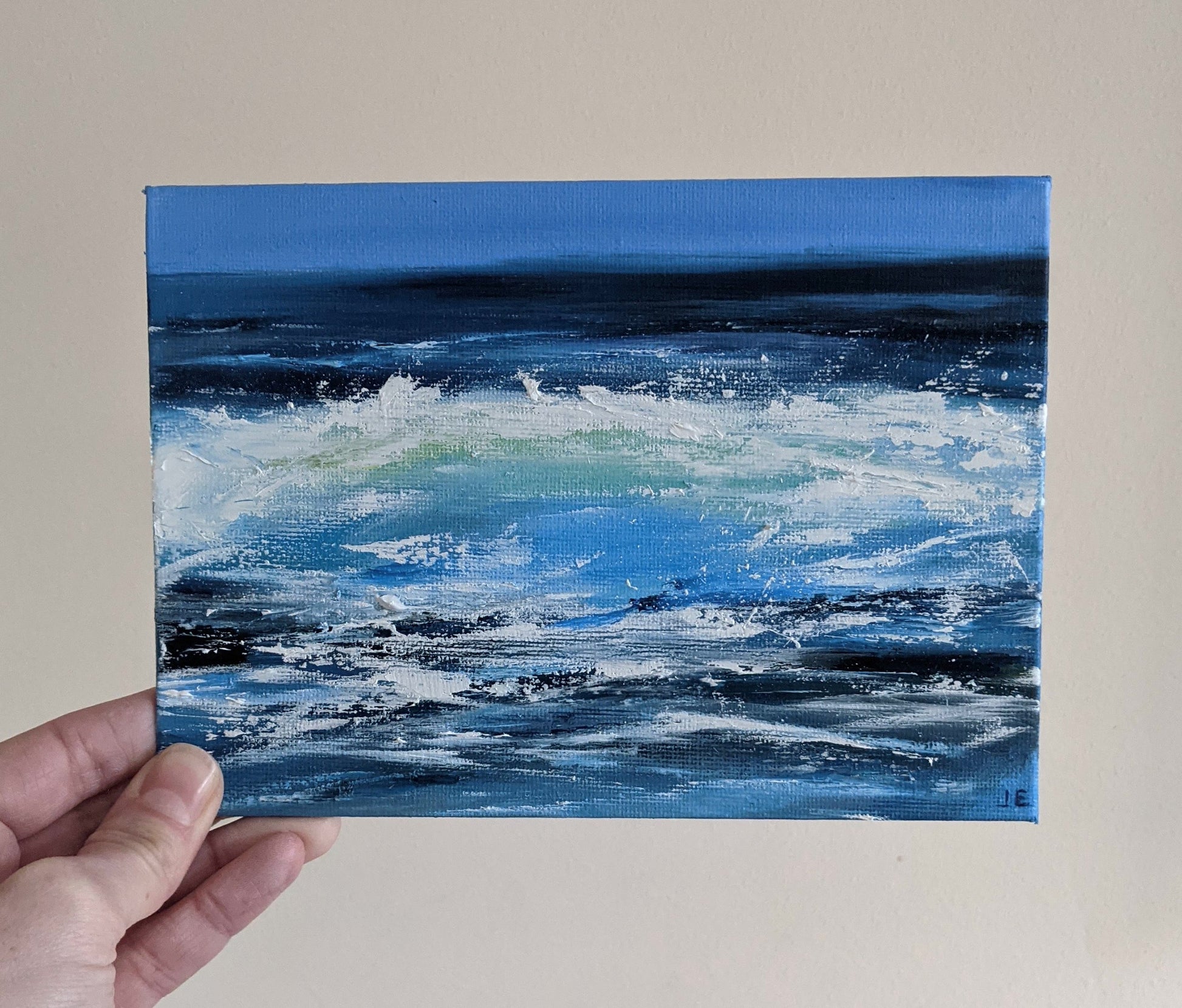 Miniature Wave Seascape #2 oil painting on canvas board in studio, by Jo Earl