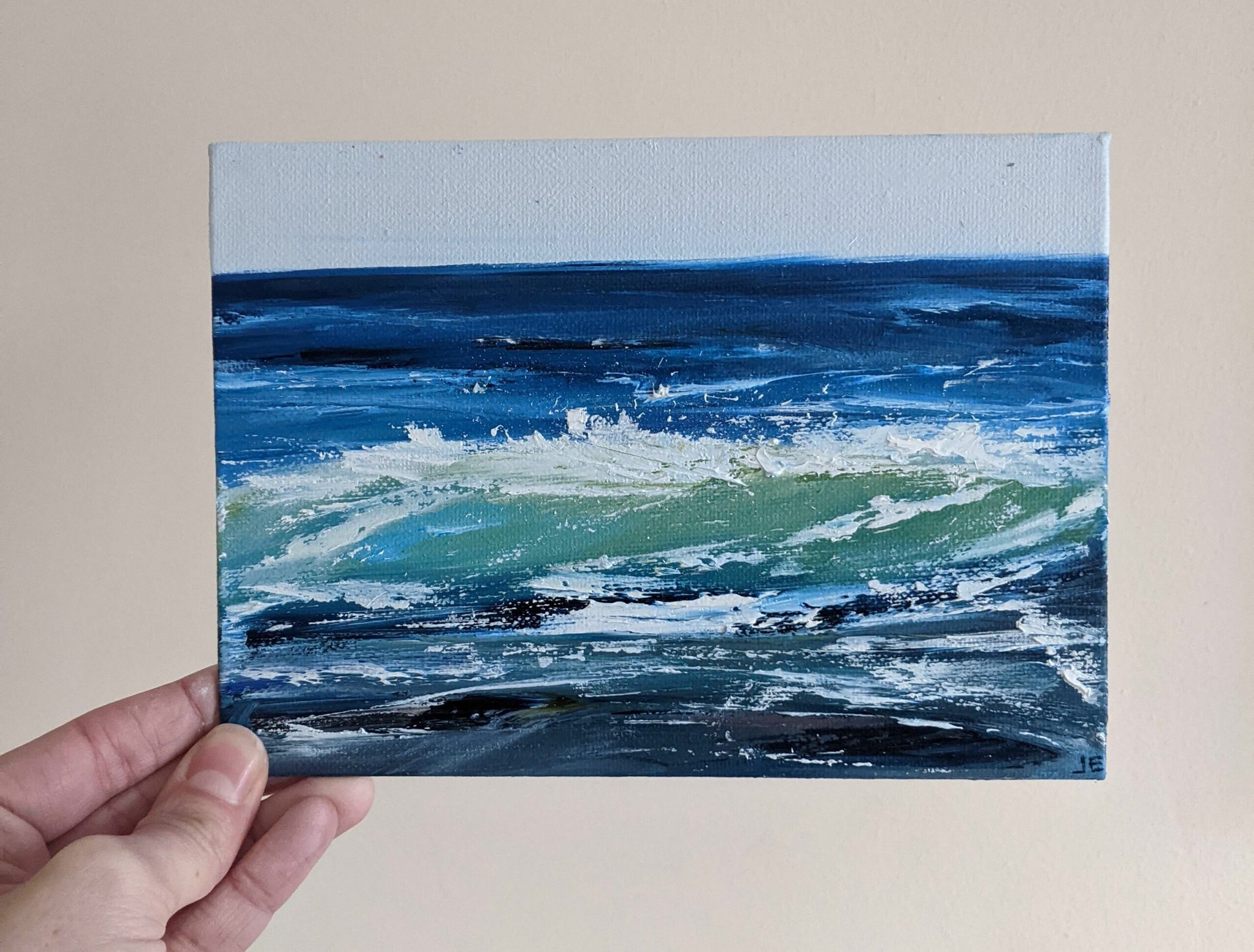 Miniature Wave Seascape #4 oil painting on canvas board in studio, by Jo Earl