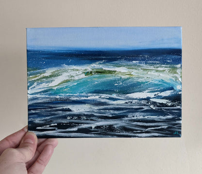 Miniature Wave Seascape #6 oil painting on canvas board in studio, by Jo Earl