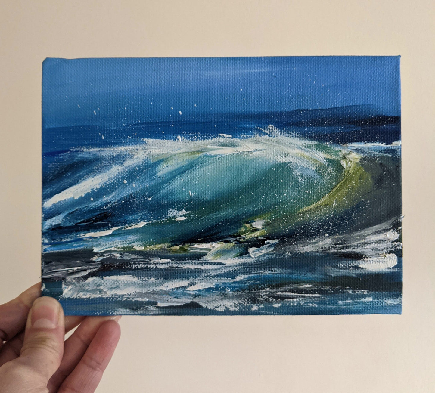 Miniature Wave Seascape #7 oil painting on canvas board in studio, by Jo Earl