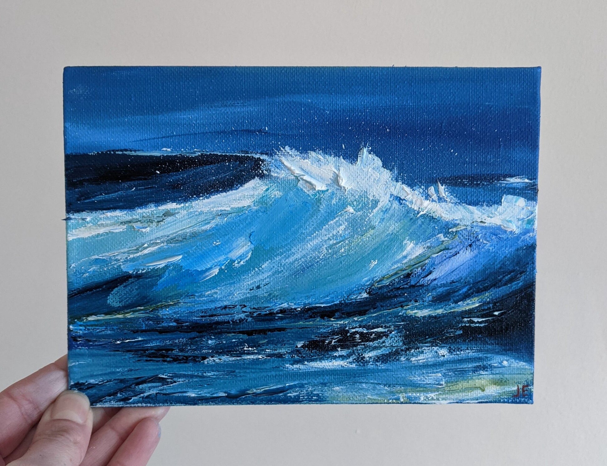 Miniature Wave Seascape #8 oil painting on canvas board in studio, by Jo Earl