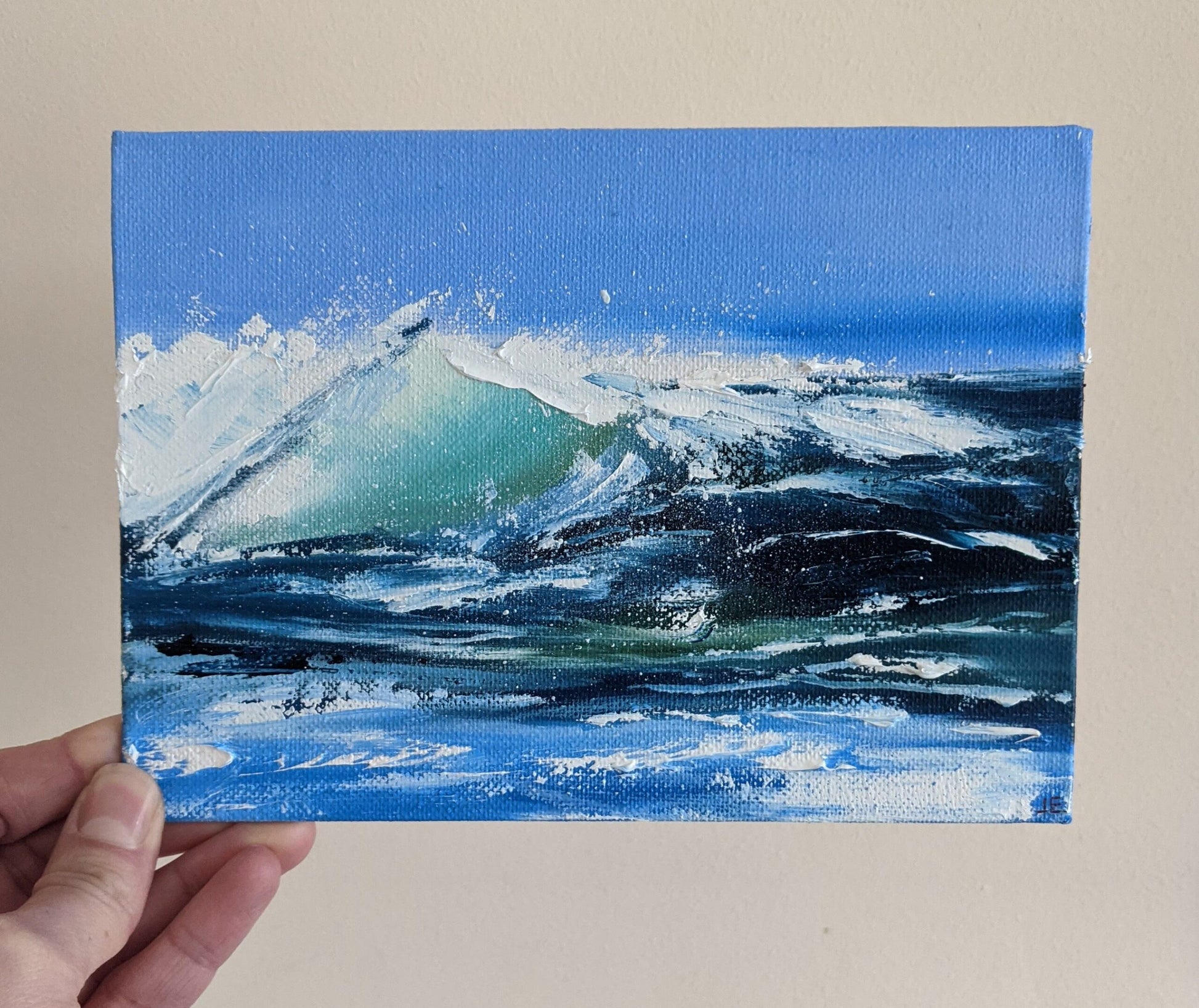 Miniature Wave Seascape #9 oil painting on canvas board in studio, by Jo Earl