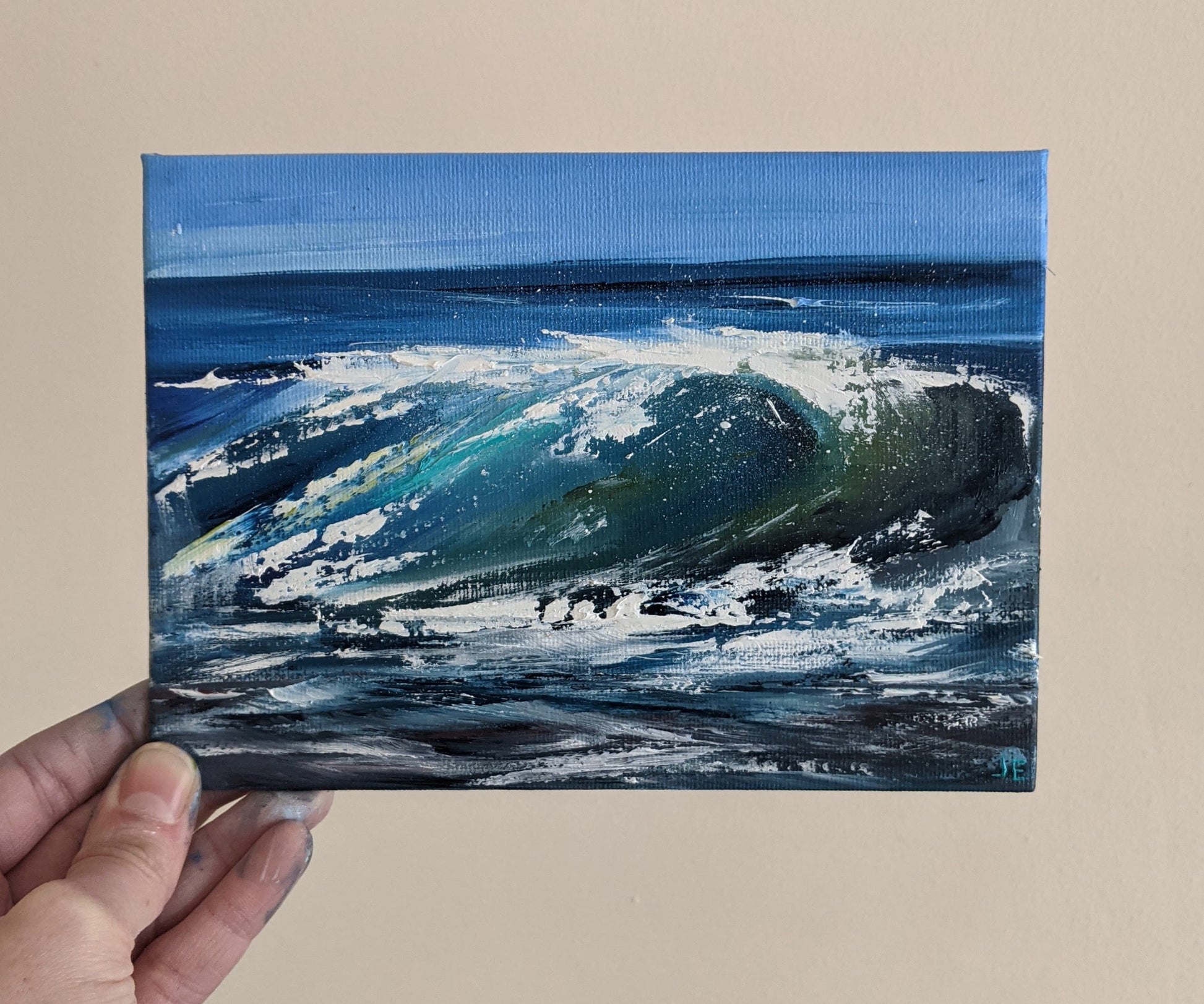 Miniature Wave Seascape oil painting on canvas board in studio, by Jo Earl