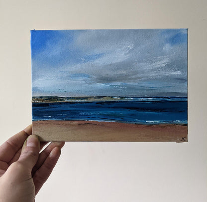 Miniature Weymouth Coastline oil painting on canvas board in studio, by Jo Earl