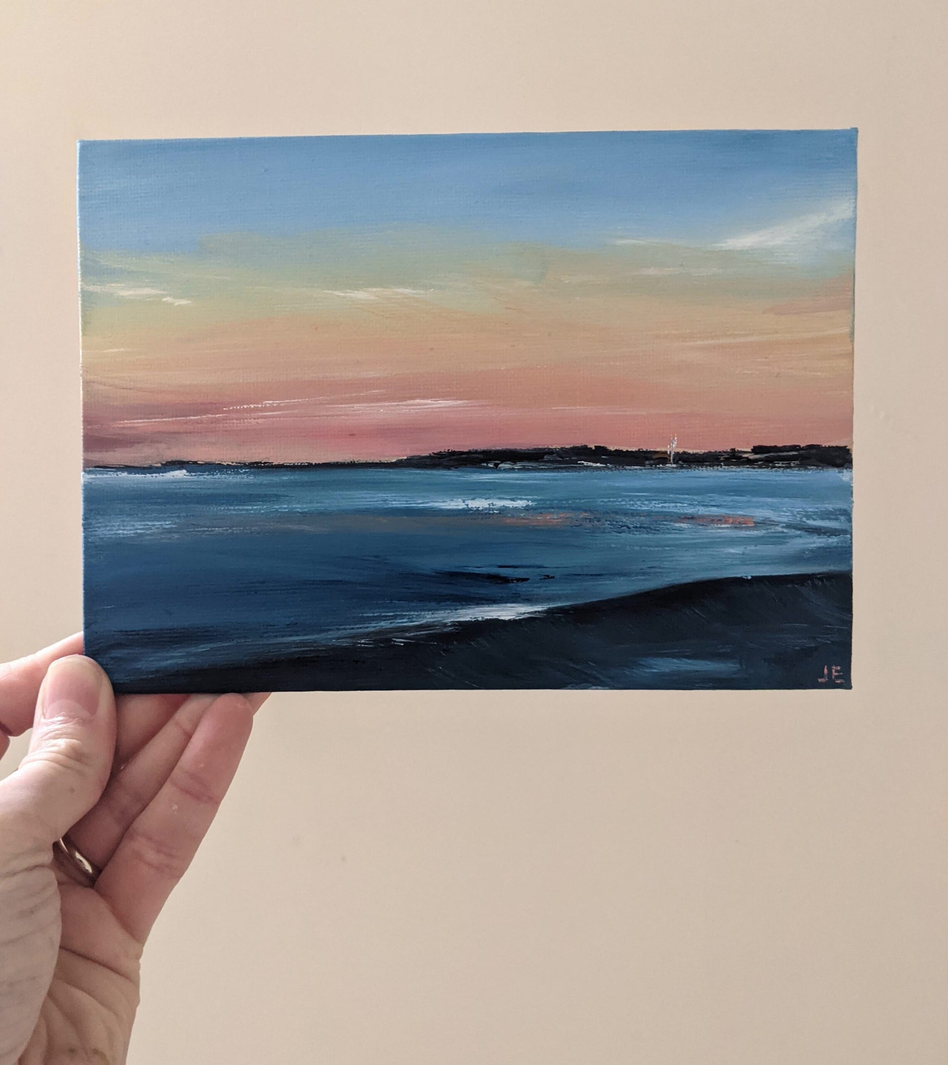 Miniature Weymouth Seascape oil painting on canvas board in studio, by Jo Earl