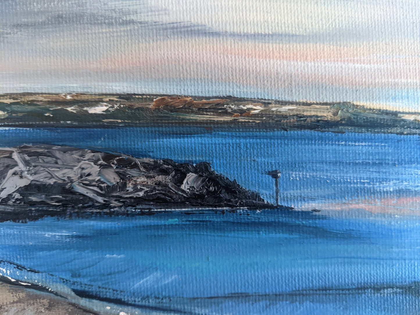 Miniature Weymouth seascape oil painting on canvas board close up, by Jo Earl