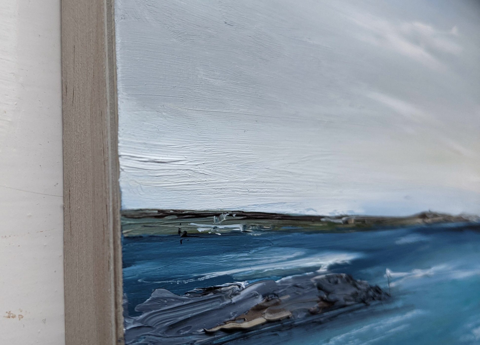 Weymouth Coast oil painting on cradled wood close up, by Jo Earl