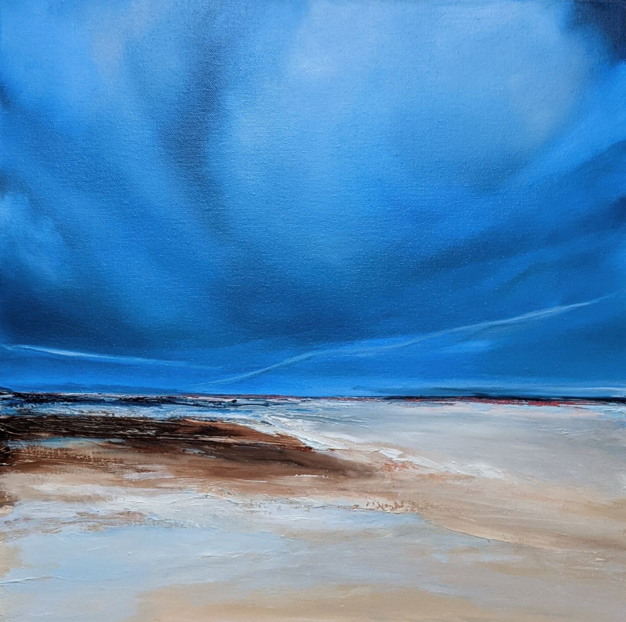 Blue Beachscape oil paining by Jo Earl | Deep blue skies above a sandy and browny seashore