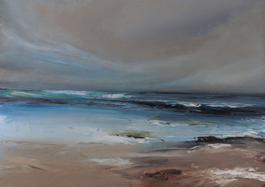 Desolate Beach oil painting Jo Earl | dark grey skies over the seashore with a waves crashing out at sea