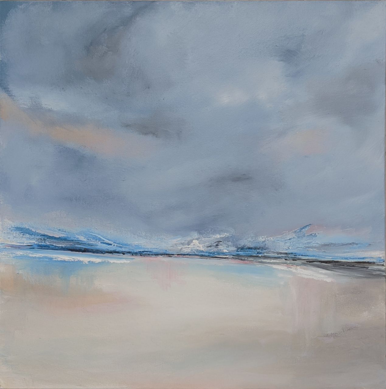 Disturbed Abstract Seascape oil painting by Jo Earl | Grey skies over reflective beach foreground with broken waves in the horizon