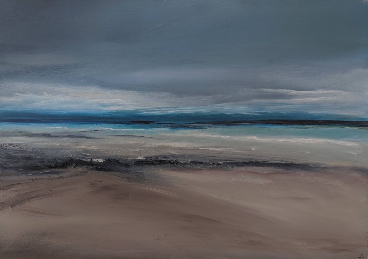 Dreary Seashore oil painting by Jo Earl | dark blue-grey skies in over a brown seashore